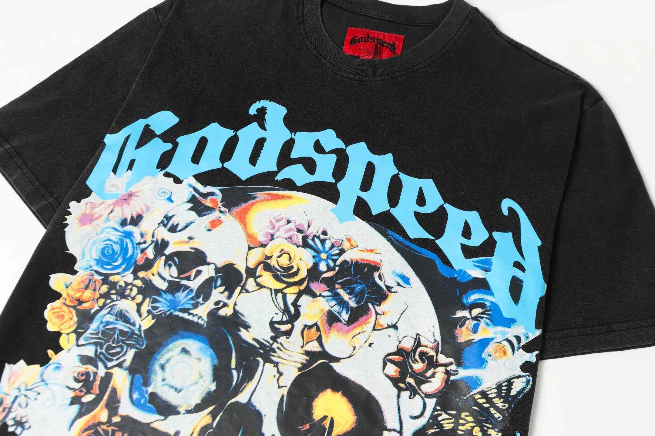 6011#washed black｜P116 Godspeed cross-border American rock and roll street washed retro style short-sleeved T (craft printing) fabric (fabric): 32 count combed double yarn 250g weight code number (size): S-M-L-XL color (colour): washed black