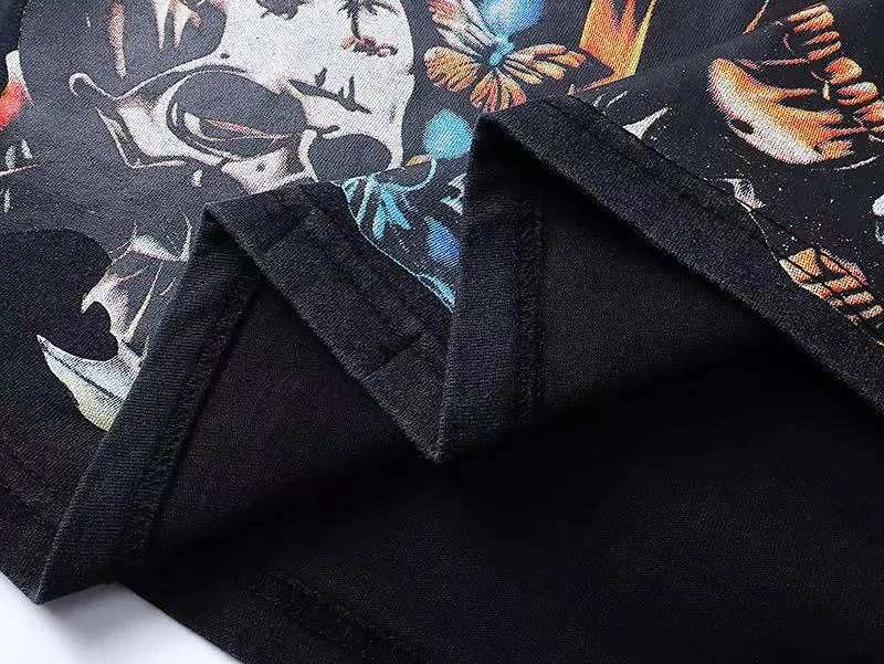 6011#washed black｜P116 Godspeed cross-border American rock and roll street washed retro style short-sleeved T (craft printing) fabric (fabric): 32 count combed double yarn 250g weight code number (size): S-M-L-XL color (colour): washed black