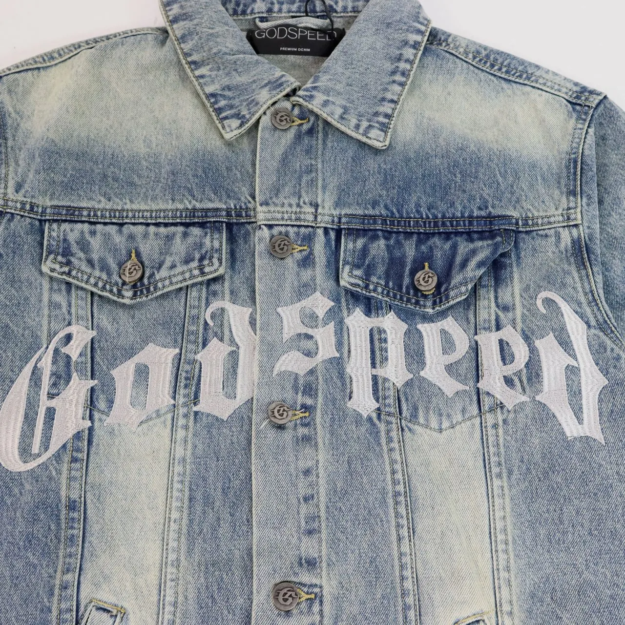 Model No. 6551 P286 Real shot high-level version of GODSPEED beautiful old-fashioned retro washed embroidered denim jacket high street men's and women's trendy jacket Color: light blue black Size: S M L XL 2XL