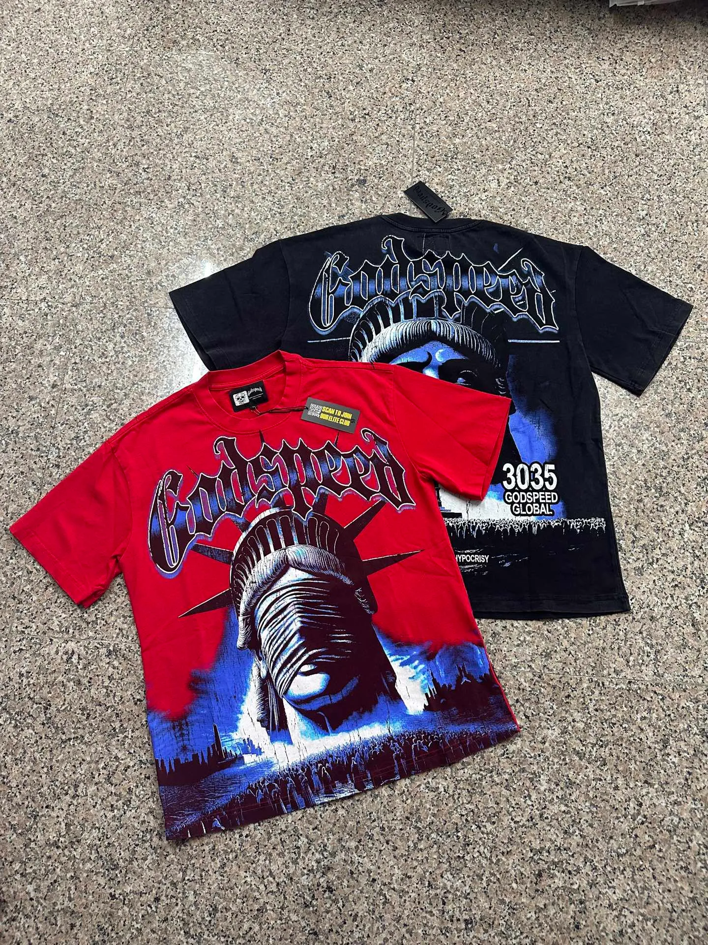 6138# Washed red/washed black I P116 Real stock (American fashion niche) Godspeed cross-border American rock and roll street washed retro style short-sleeved T (craft printing) Fabric (fabric): 32 counts combed double yarn 250 grams weight Size (size): S-M-L-XL Color (colour): washed black/washed Chinese red