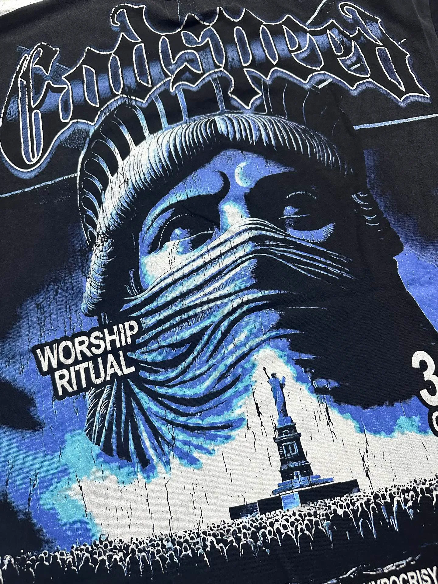 6138# Washed red/washed black I P116 Real stock (American fashion niche) Godspeed cross-border American rock and roll street washed retro style short-sleeved T (craft printing) Fabric (fabric): 32 counts combed double yarn 250 grams weight Size (size): S-M-L-XL Color (colour): washed black/washed Chinese red