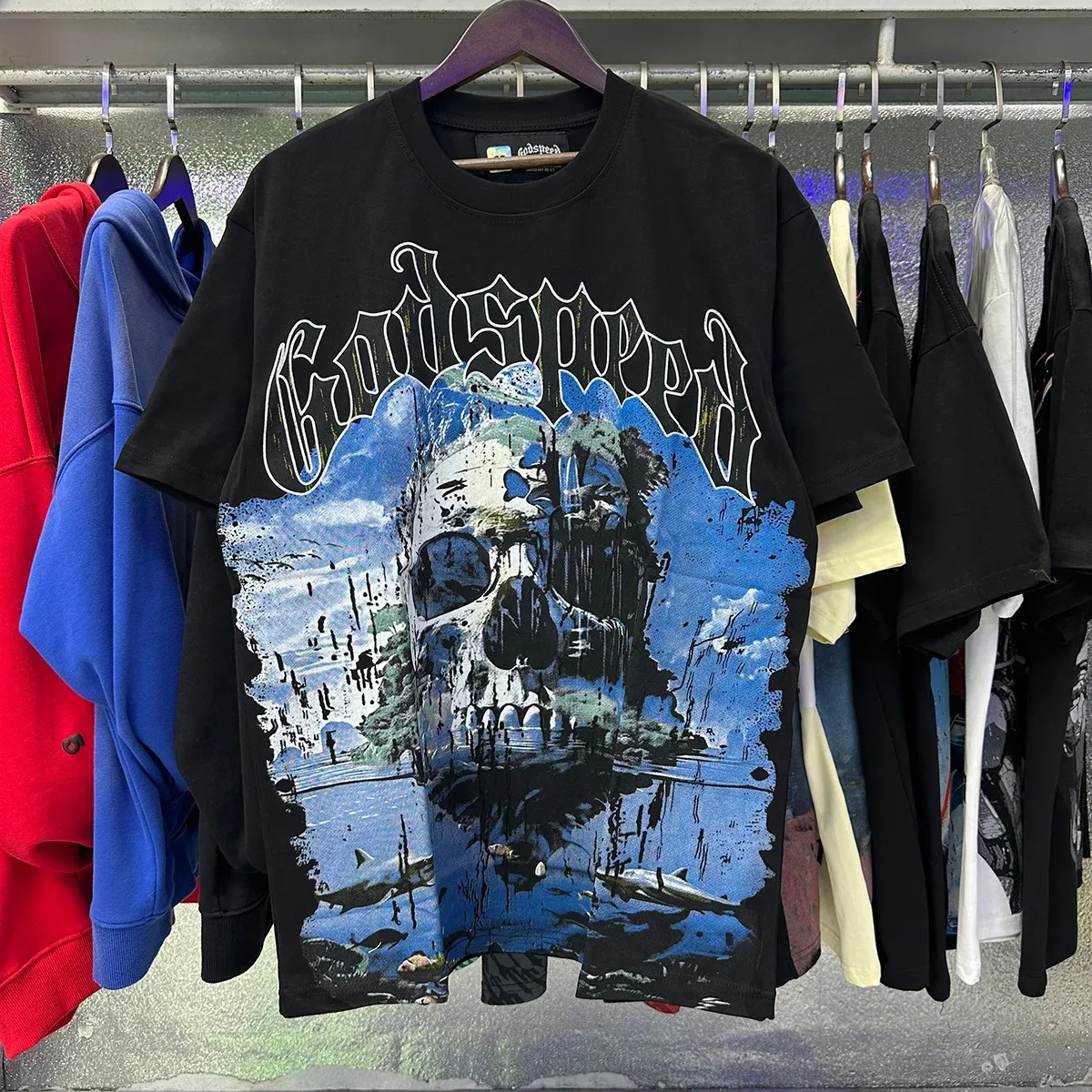 Actual photo, No. 7065, Mechao Godspeed skull landscape print high quality double yarn pure cotton casual short-sleeved T-shirt batch 110 Color: black, white, colorful blue; Size: S M L XL