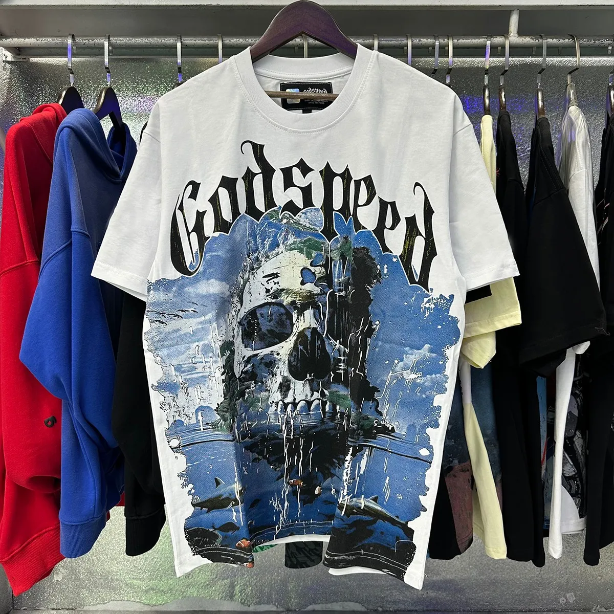 Actual photo, No. 7065, Mechao Godspeed skull landscape print high quality double yarn pure cotton casual short-sleeved T-shirt batch 110 Color: black, white, colorful blue; Size: S M L XL