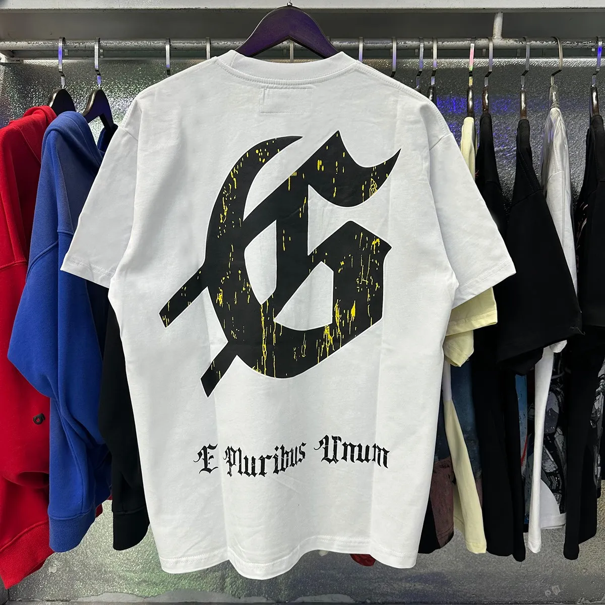 Actual photo, No. 7065, Mechao Godspeed skull landscape print high quality double yarn pure cotton casual short-sleeved T-shirt batch 110 Color: black, white, colorful blue; Size: S M L XL