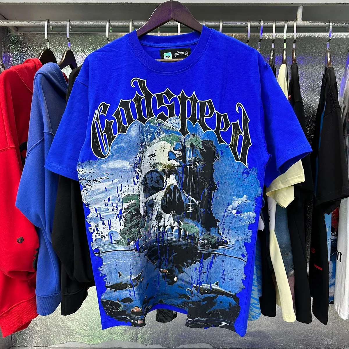 Actual photo, No. 7065, Mechao Godspeed skull landscape print high quality double yarn pure cotton casual short-sleeved T-shirt batch 110 Color: black, white, colorful blue; Size: S M L XL