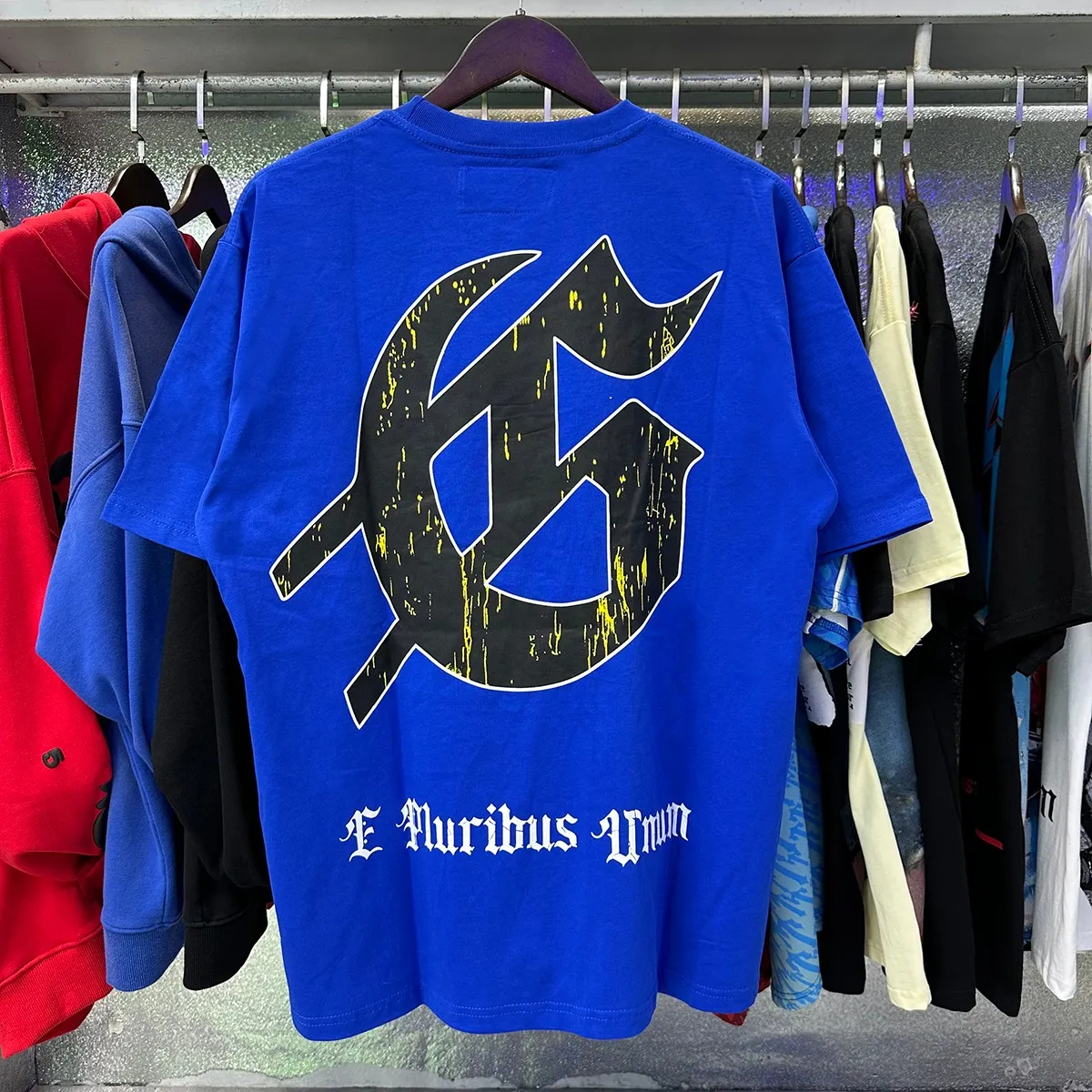 Actual photo, No. 7065, Mechao Godspeed skull landscape print high quality double yarn pure cotton casual short-sleeved T-shirt batch 110 Color: black, white, colorful blue; Size: S M L XL
