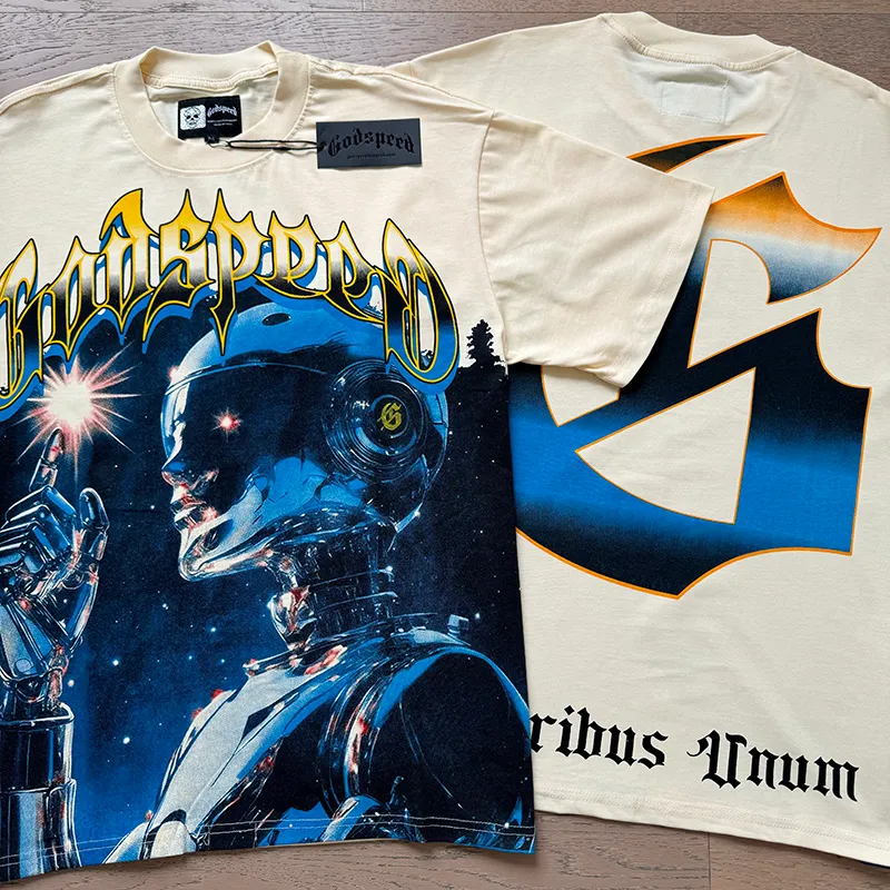 3126# P106 Real shot Godspeed American fashion rock street retro loose printed cotton short sleeves Fabric: 240g 32 count fine cotton double yarn pure cotton Color: apricot Size: S M L XL