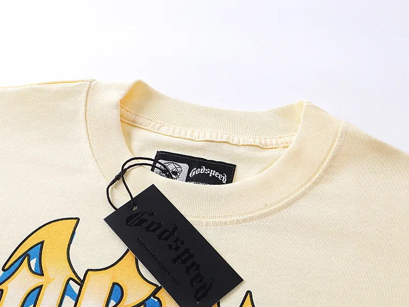 3126# P106 Real shot Godspeed American fashion rock street retro loose printed cotton short sleeves Fabric: 240g 32 count fine cotton double yarn pure cotton Color: apricot Size: S M L XL