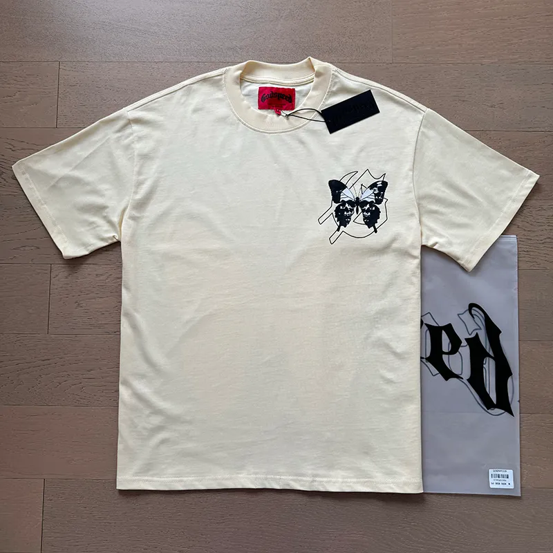 3026# P110 Real shot Godspeed American fashion rock street retro loose printed cotton short sleeves Fabric: 240g 32 count fine cotton double yarn pure cotton Color: apricot red Size: S M L XL