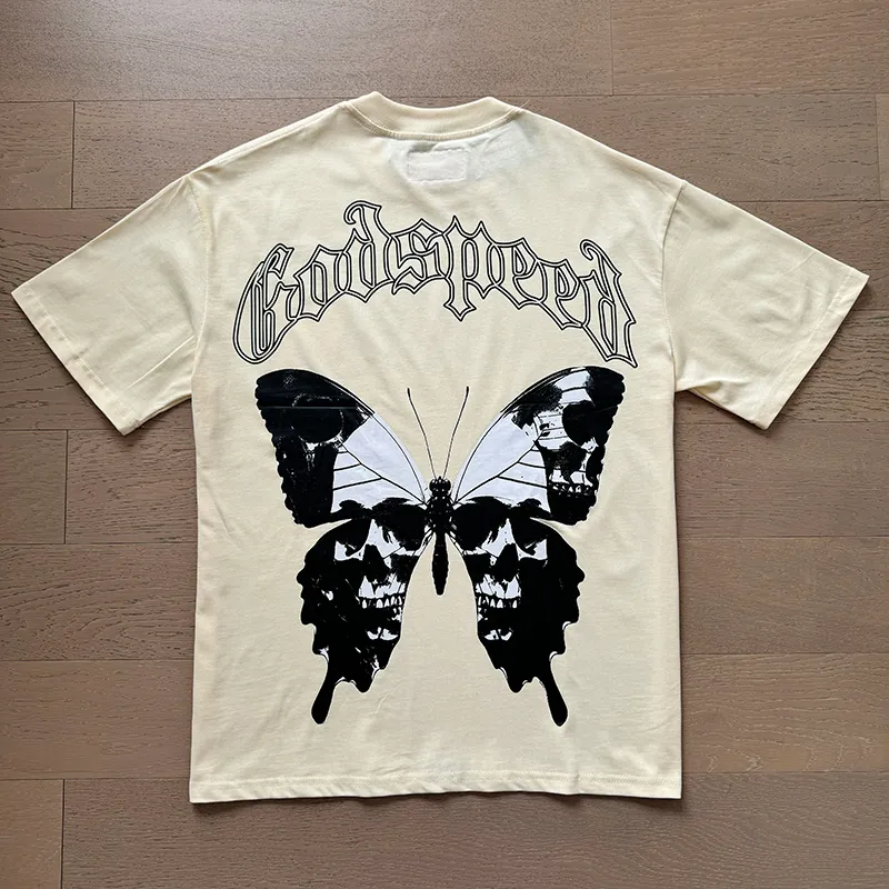 3026# P110 Real shot Godspeed American fashion rock street retro loose printed cotton short sleeves Fabric: 240g 32 count fine cotton double yarn pure cotton Color: apricot red Size: S M L XL