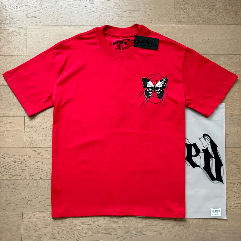 3026# P110 Real shot Godspeed American fashion rock street retro loose printed cotton short sleeves Fabric: 240g 32 count fine cotton double yarn pure cotton Color: apricot red Size: S M L XL