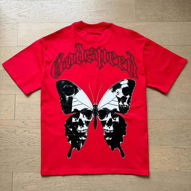 3026# P110 Real shot Godspeed American fashion rock street retro loose printed cotton short sleeves Fabric: 240g 32 count fine cotton double yarn pure cotton Color: apricot red Size: S M L XL