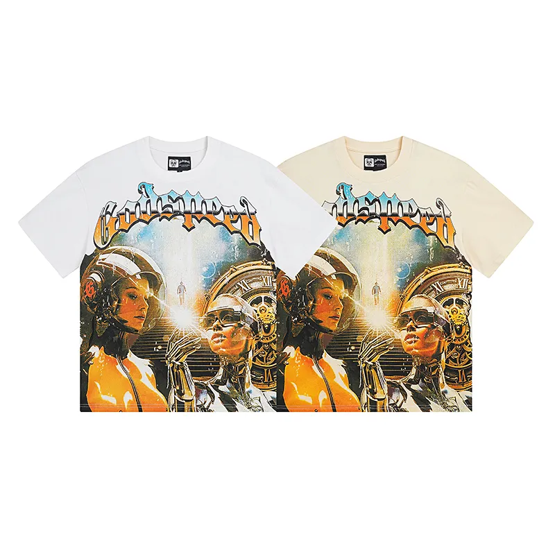 3000# P110 Real shot Godspeed American fashion rock street retro loose printed cotton short sleeves Fabric: 240g 32 count fine cotton double yarn pure cotton Color: off-white apricot Size: S M L XL