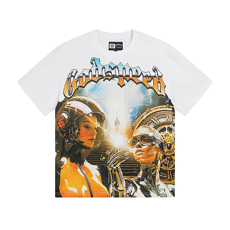 3000# P110 Real shot Godspeed American fashion rock street retro loose printed cotton short sleeves Fabric: 240g 32 count fine cotton double yarn pure cotton Color: off-white apricot Size: S M L XL