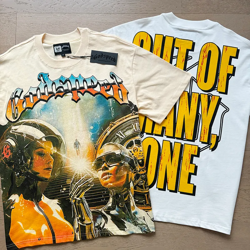 3000# P110 Real shot Godspeed American fashion rock street retro loose printed cotton short sleeves Fabric: 240g 32 count fine cotton double yarn pure cotton Color: off-white apricot Size: S M L XL