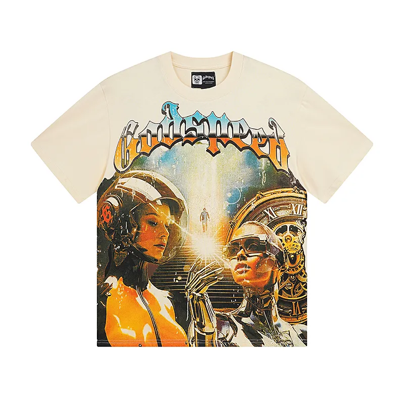 3000# P110 Real shot Godspeed American fashion rock street retro loose printed cotton short sleeves Fabric: 240g 32 count fine cotton double yarn pure cotton Color: off-white apricot Size: S M L XL