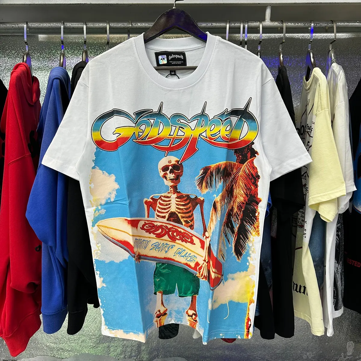 Actual photo, No. 7073, Mechao Godspeed beach skull surfboard print high quality double yarn pure cotton casual short-sleeved T-shirt batch 110 Color: black, white, yellow; Size: S M L XL