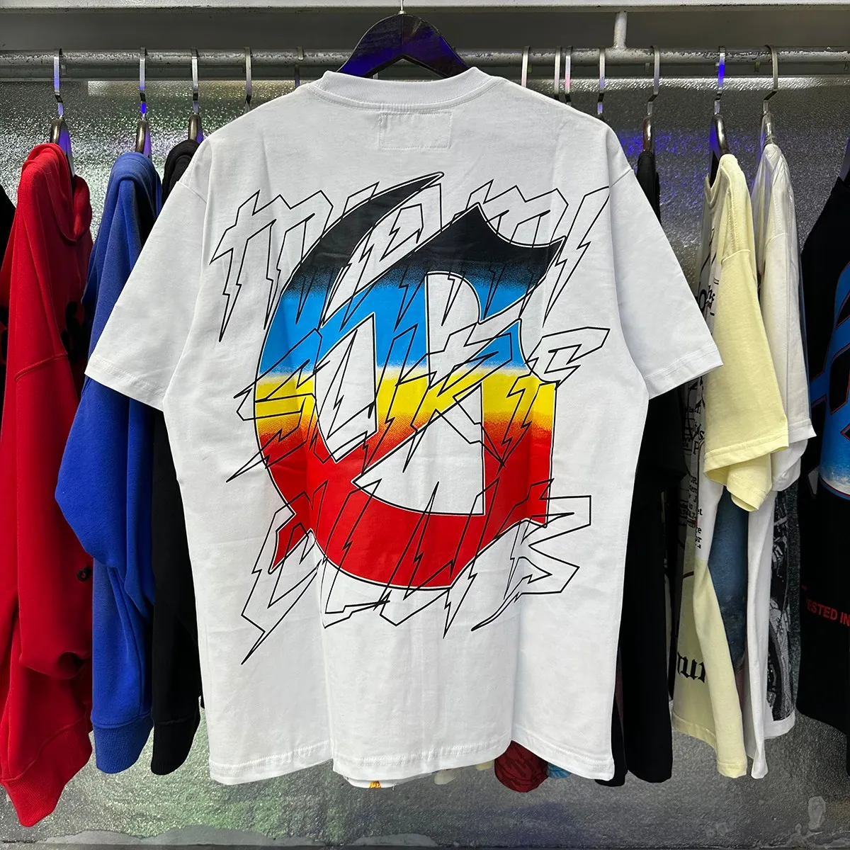 Actual photo, No. 7073, Mechao Godspeed beach skull surfboard print high quality double yarn pure cotton casual short-sleeved T-shirt batch 110 Color: black, white, yellow; Size: S M L XL