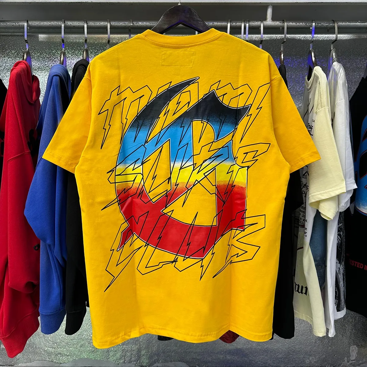 Actual photo, No. 7073, Mechao Godspeed beach skull surfboard print high quality double yarn pure cotton casual short-sleeved T-shirt batch 110 Color: black, white, yellow; Size: S M L XL