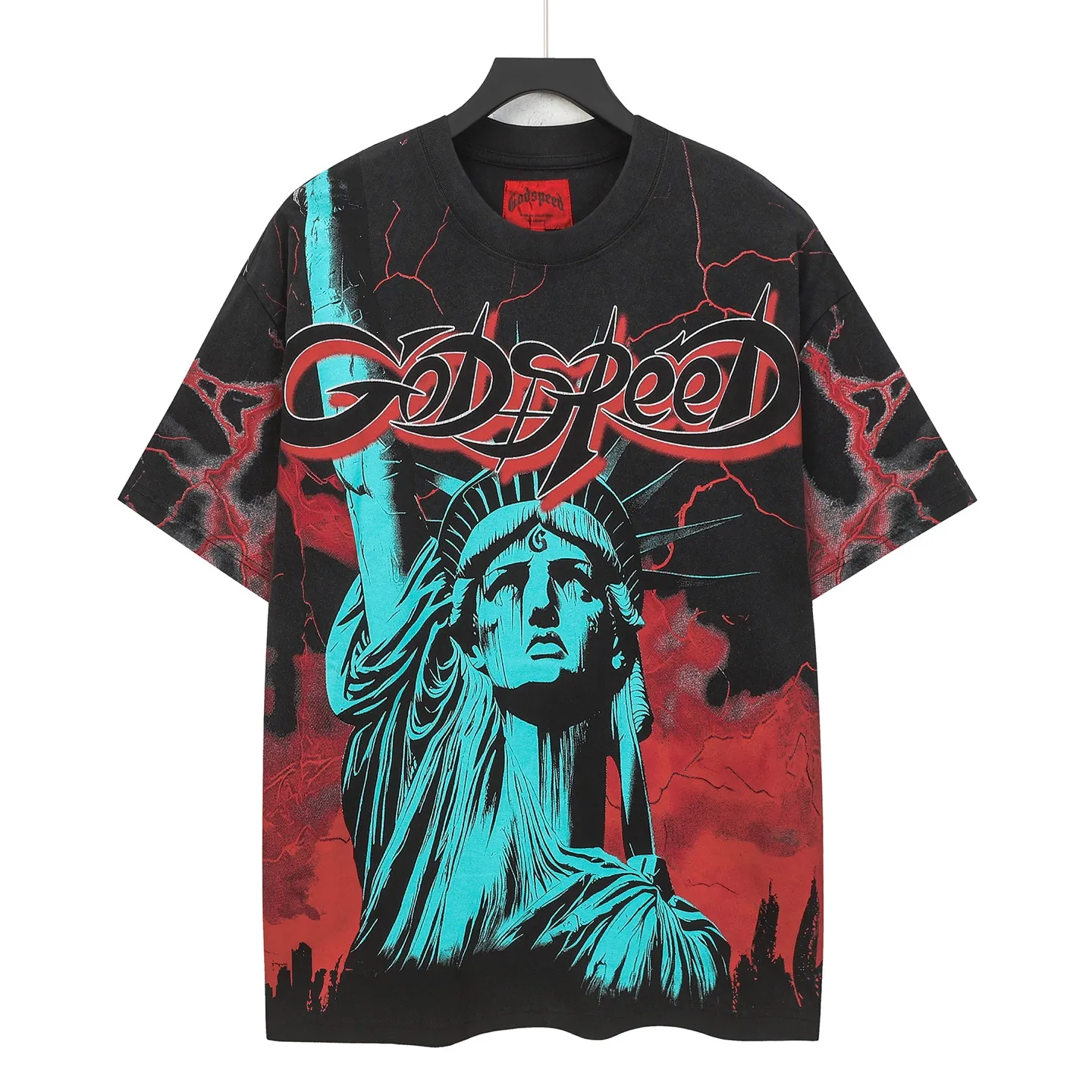 6301# Washed black-red I P116 Real stock (American fashion niche) Godspeed cross-border American rock street washed retro style short-sleeved T (craft printing) Fabric (fabric): 32 counts combed double yarn 250 grams weight Size (size): S-M-L-XL Color (colour): Washed black-red