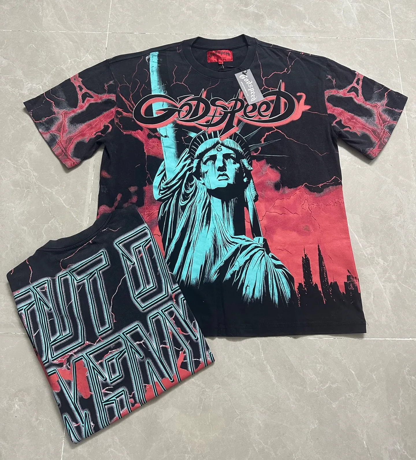 6301# Washed black-red I P116 Real stock (American fashion niche) Godspeed cross-border American rock street washed retro style short-sleeved T (craft printing) Fabric (fabric): 32 counts combed double yarn 250 grams weight Size (size): S-M-L-XL Color (colour): Washed black-red