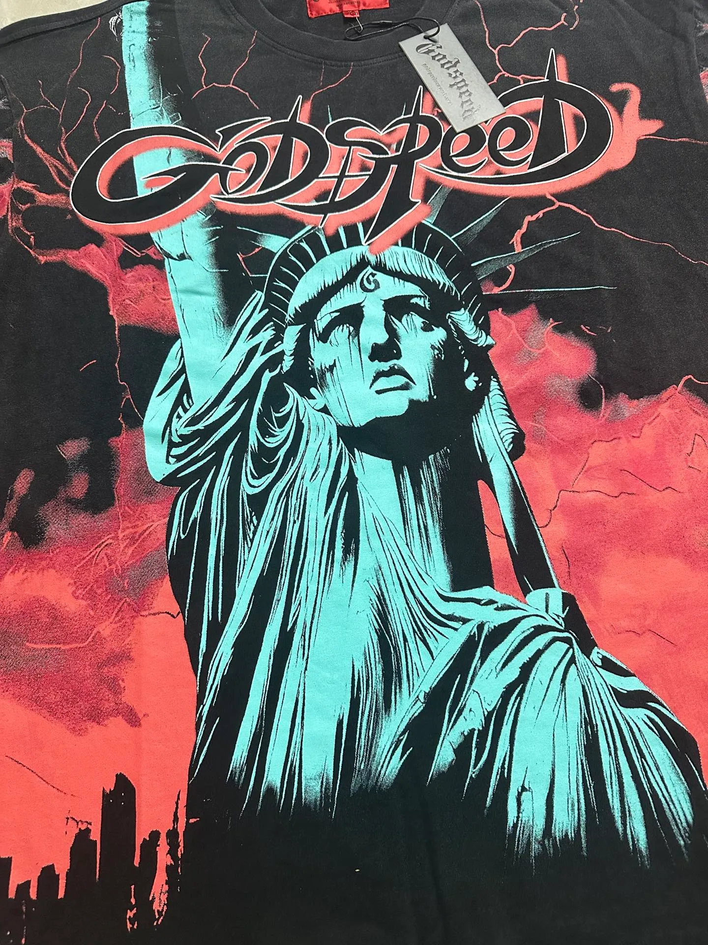 6301# Washed black-red I P116 Real stock (American fashion niche) Godspeed cross-border American rock street washed retro style short-sleeved T (craft printing) Fabric (fabric): 32 counts combed double yarn 250 grams weight Size (size): S-M-L-XL Color (colour): Washed black-red