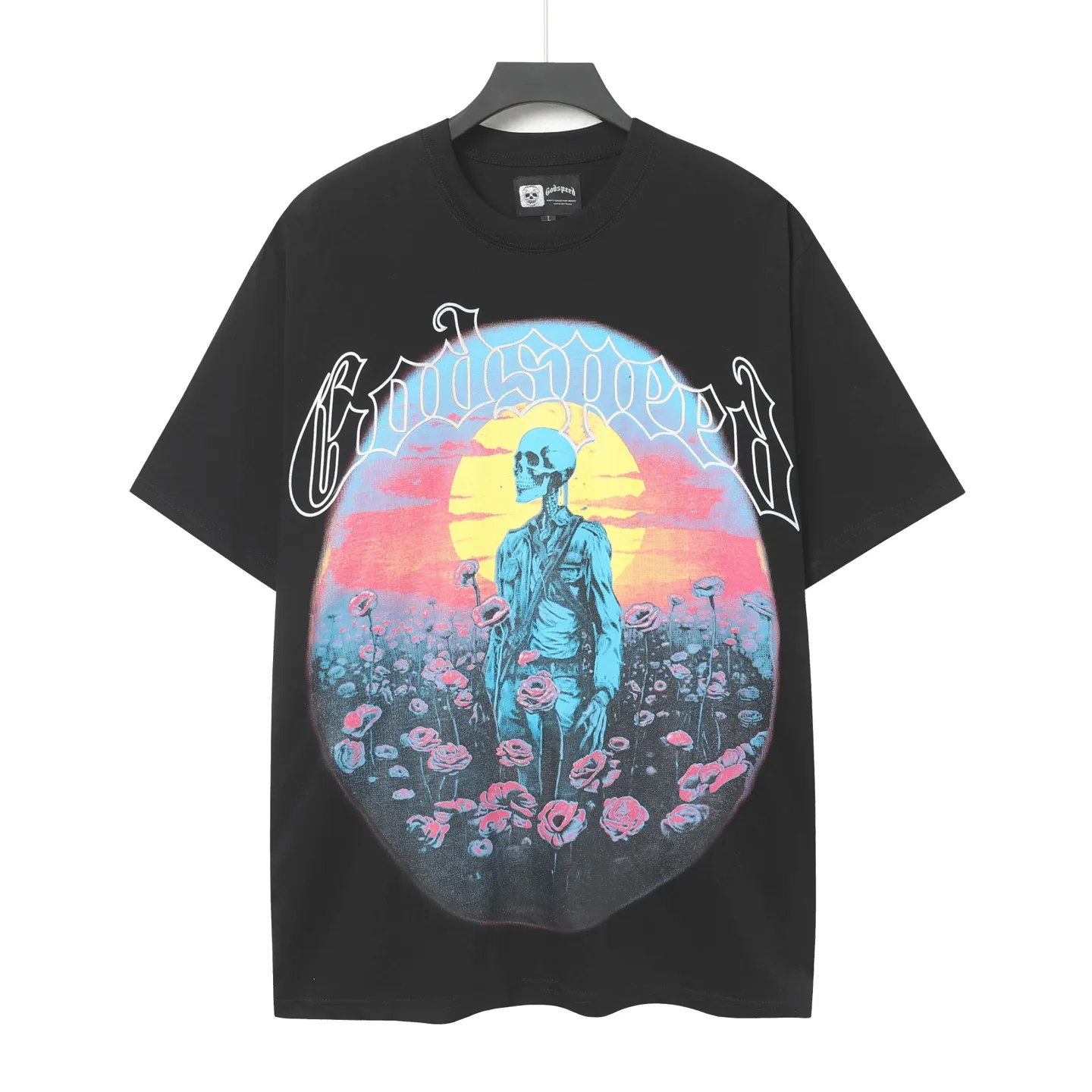 6026#washed black｜P116 Godspeed cross-border American rock and roll street washed retro style short-sleeved T (craft printing) fabric (fabric): 32 count combed double yarn 250g weight code (size): S-M-L-XL color (colour): washed black 👉