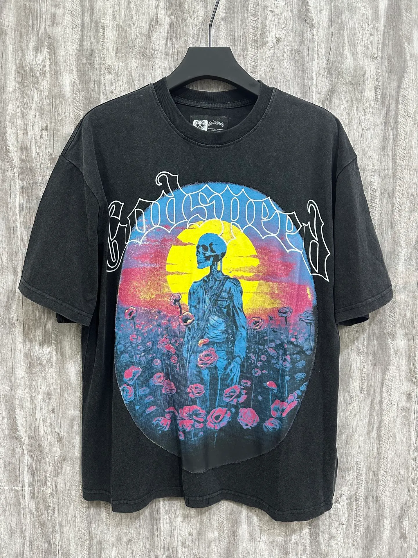 6026#washed black｜P116 Godspeed cross-border American rock and roll street washed retro style short-sleeved T (craft printing) fabric (fabric): 32 count combed double yarn 250g weight code (size): S-M-L-XL color (colour): washed black 👉