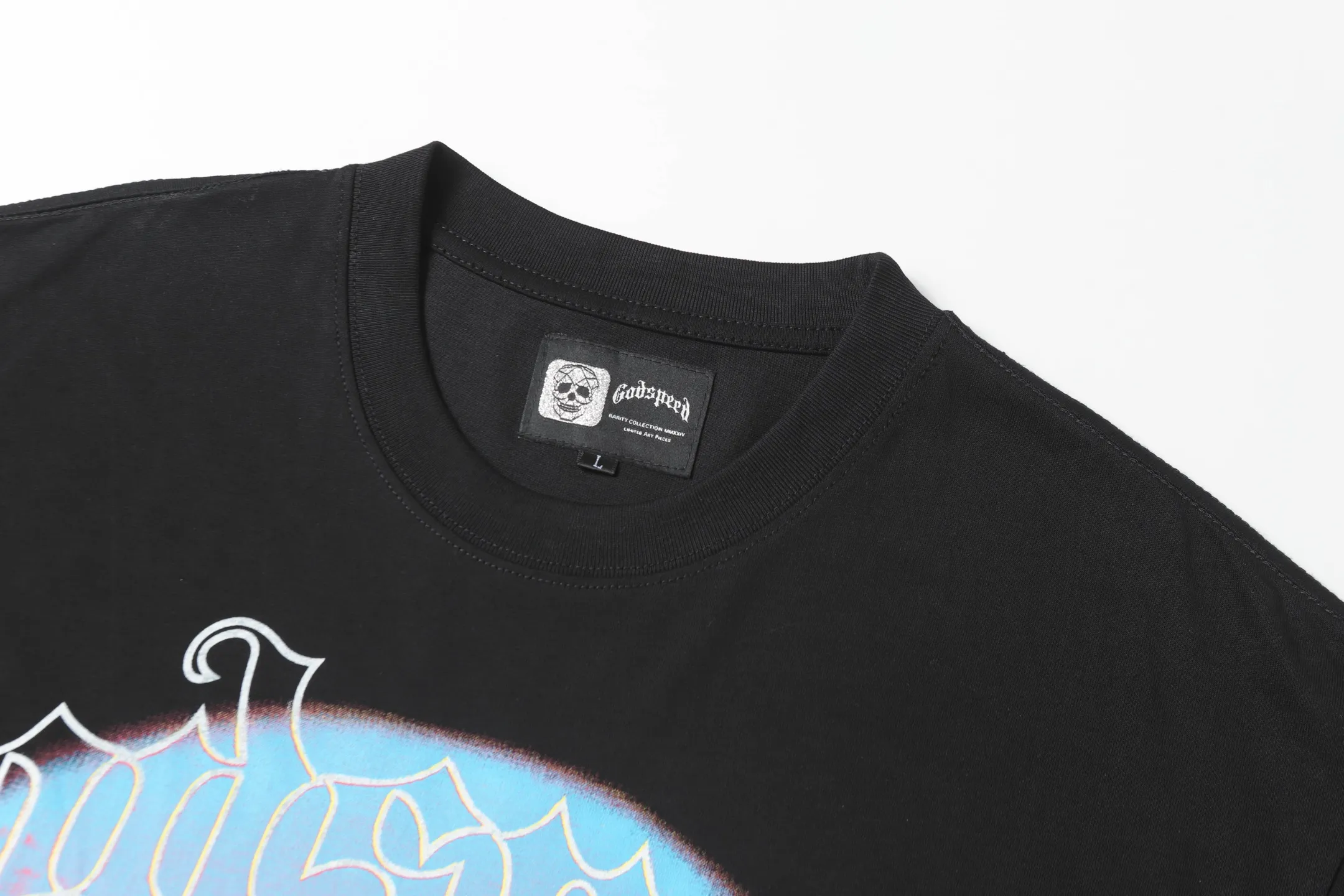 6026#washed black｜P116 Godspeed cross-border American rock and roll street washed retro style short-sleeved T (craft printing) fabric (fabric): 32 count combed double yarn 250g weight code (size): S-M-L-XL color (colour): washed black 👉
