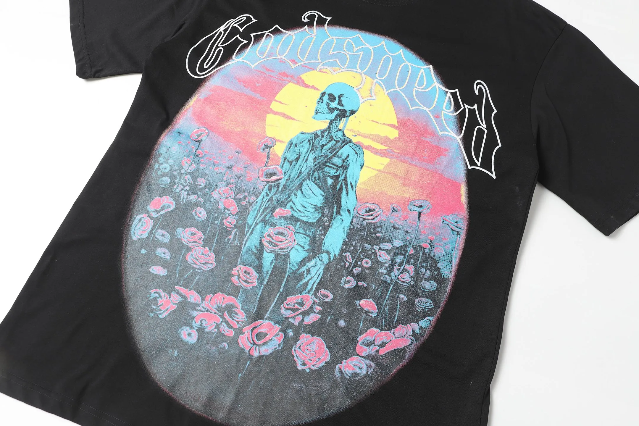 6026#washed black｜P116 Godspeed cross-border American rock and roll street washed retro style short-sleeved T (craft printing) fabric (fabric): 32 count combed double yarn 250g weight code (size): S-M-L-XL color (colour): washed black 👉