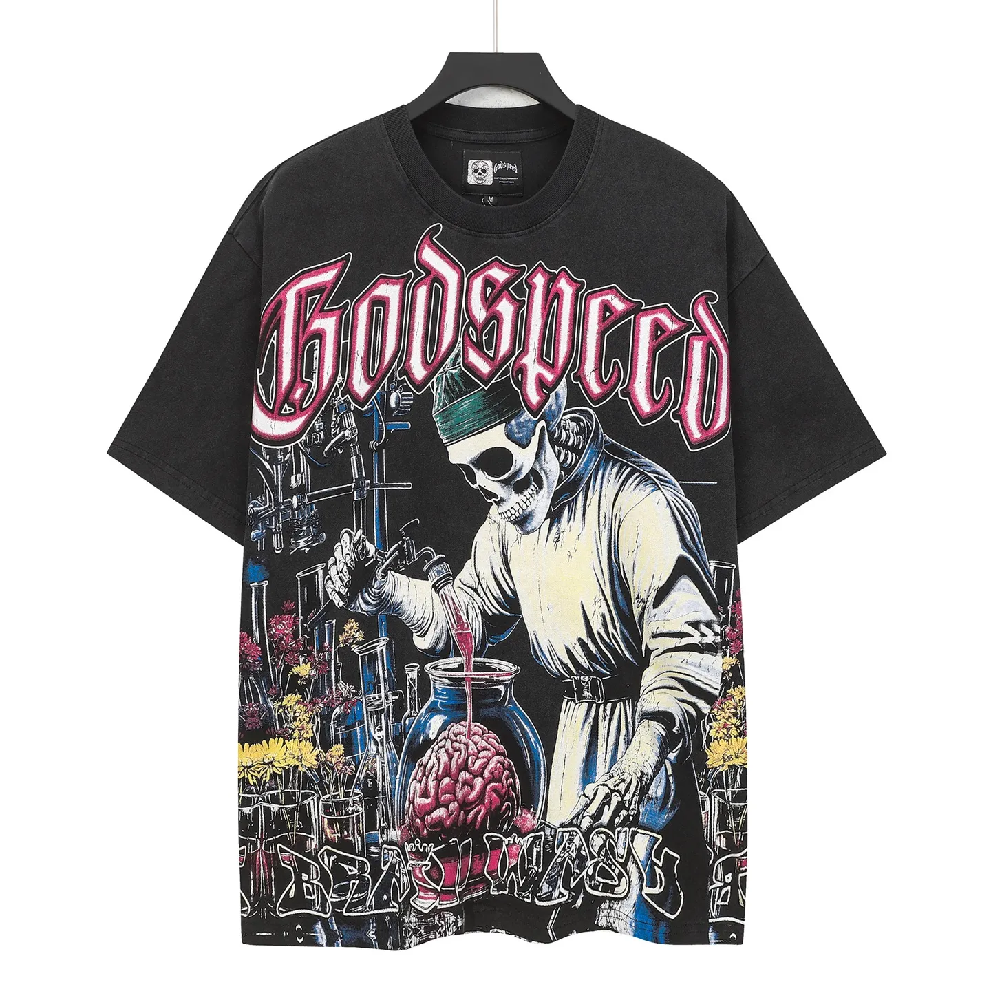 6115# washed retro black I P116 Godspeed cross-border American rock and roll street washed retro style short-sleeved T (craft printing) fabric (fabric): 32 count combed double yarn 250 grams weight code number (size): S-M-L-XL color (colour): washed black