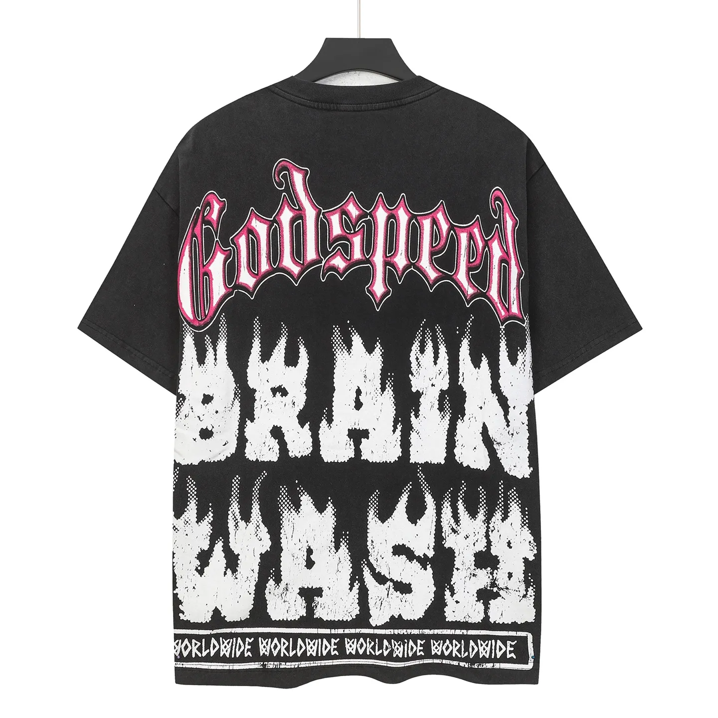 6115# washed retro black I P116 Godspeed cross-border American rock and roll street washed retro style short-sleeved T (craft printing) fabric (fabric): 32 count combed double yarn 250 grams weight code number (size): S-M-L-XL color (colour): washed black