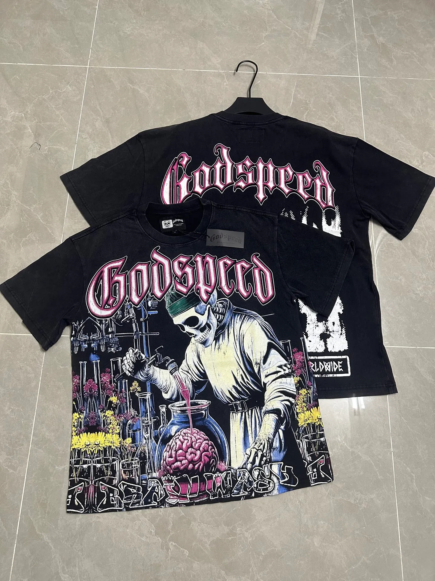 6115# washed retro black I P116 Godspeed cross-border American rock and roll street washed retro style short-sleeved T (craft printing) fabric (fabric): 32 count combed double yarn 250 grams weight code number (size): S-M-L-XL color (colour): washed black