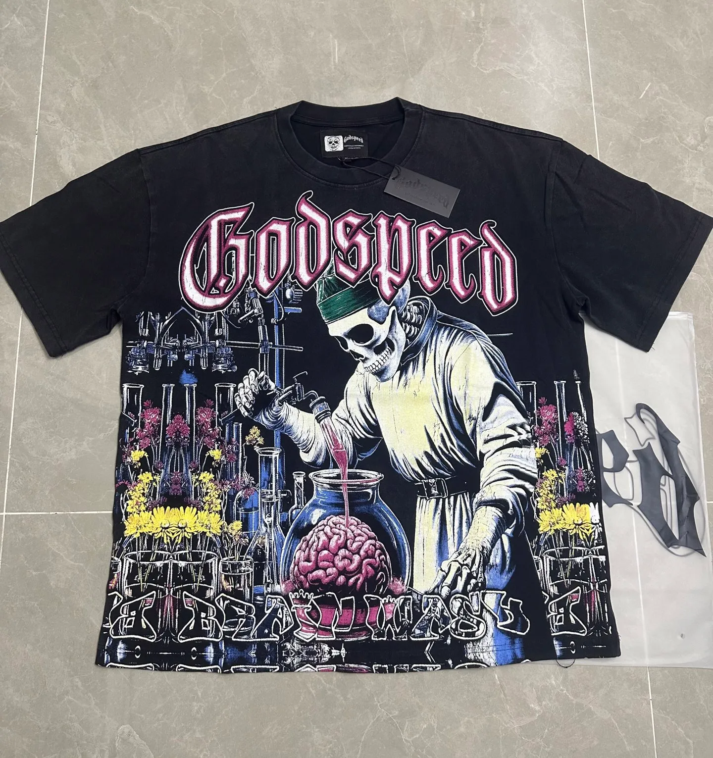6115# washed retro black I P116 Godspeed cross-border American rock and roll street washed retro style short-sleeved T (craft printing) fabric (fabric): 32 count combed double yarn 250 grams weight code number (size): S-M-L-XL color (colour): washed black
