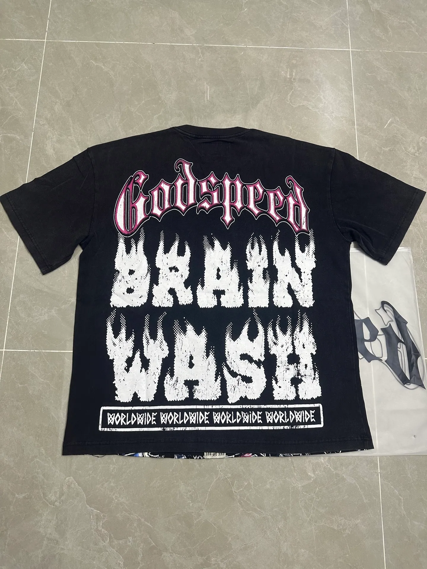 6115# washed retro black I P116 Godspeed cross-border American rock and roll street washed retro style short-sleeved T (craft printing) fabric (fabric): 32 count combed double yarn 250 grams weight code number (size): S-M-L-XL color (colour): washed black