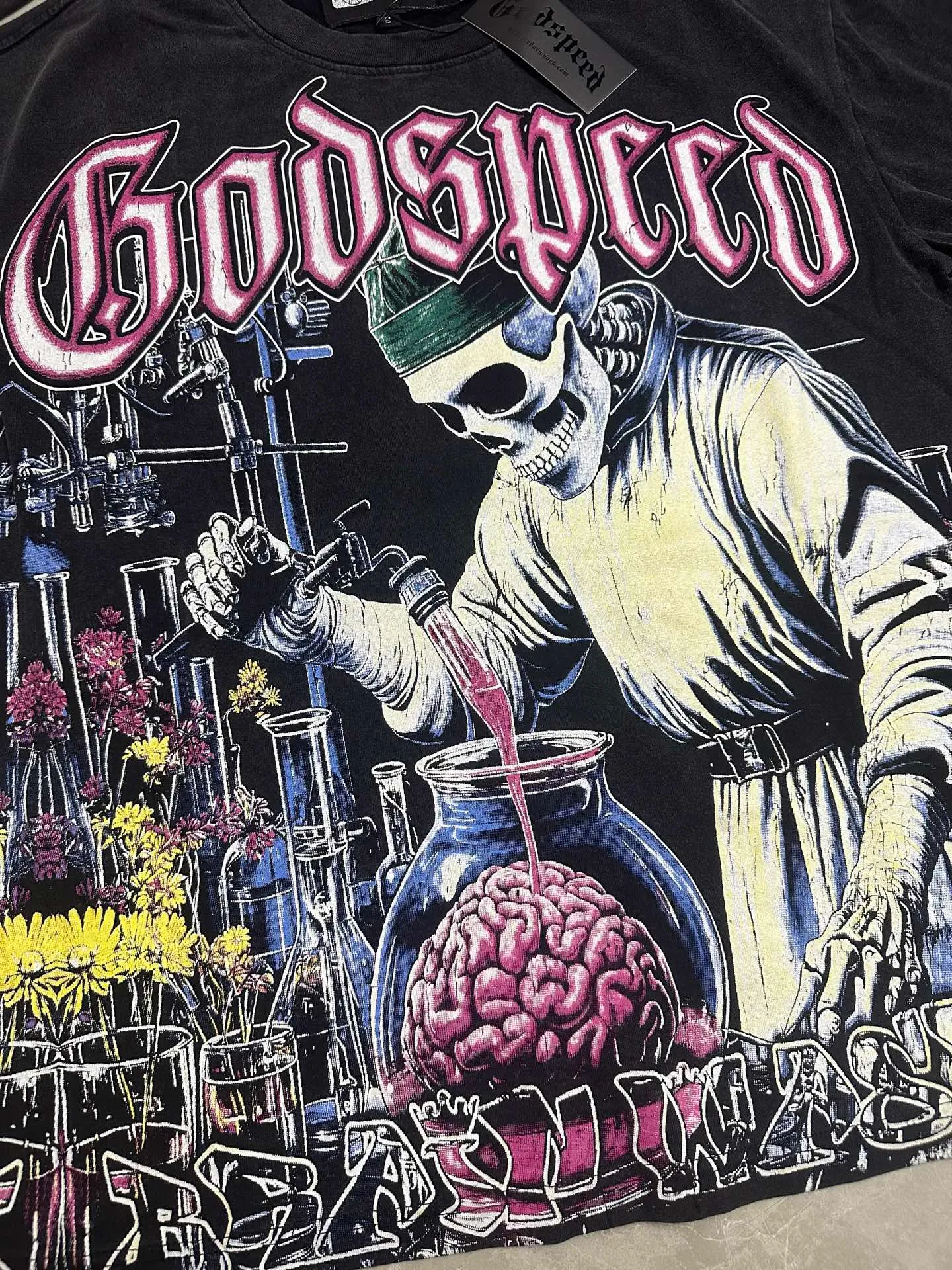 6115# washed retro black I P116 Godspeed cross-border American rock and roll street washed retro style short-sleeved T (craft printing) fabric (fabric): 32 count combed double yarn 250 grams weight code number (size): S-M-L-XL color (colour): washed black