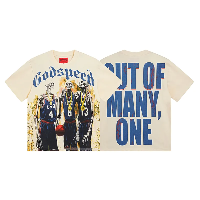 3023# P110 Real shot Godspeed American fashion rock street retro loose printed cotton short sleeves Fabric: 240g 32 count fine cotton double yarn pure cotton Color: apricot Size: S M L XL