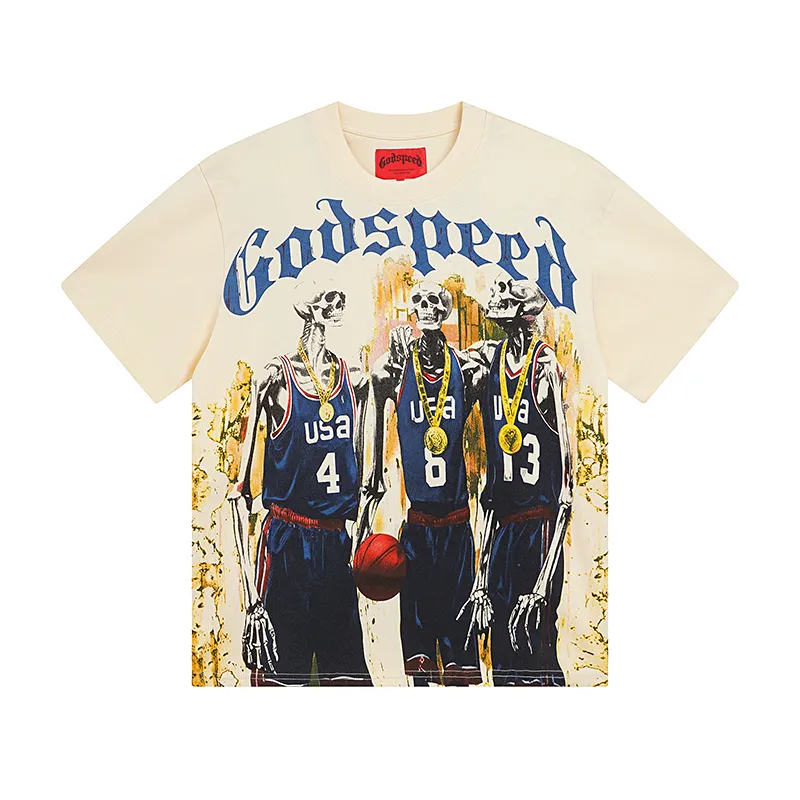 3023# P110 Real shot Godspeed American fashion rock street retro loose printed cotton short sleeves Fabric: 240g 32 count fine cotton double yarn pure cotton Color: apricot Size: S M L XL