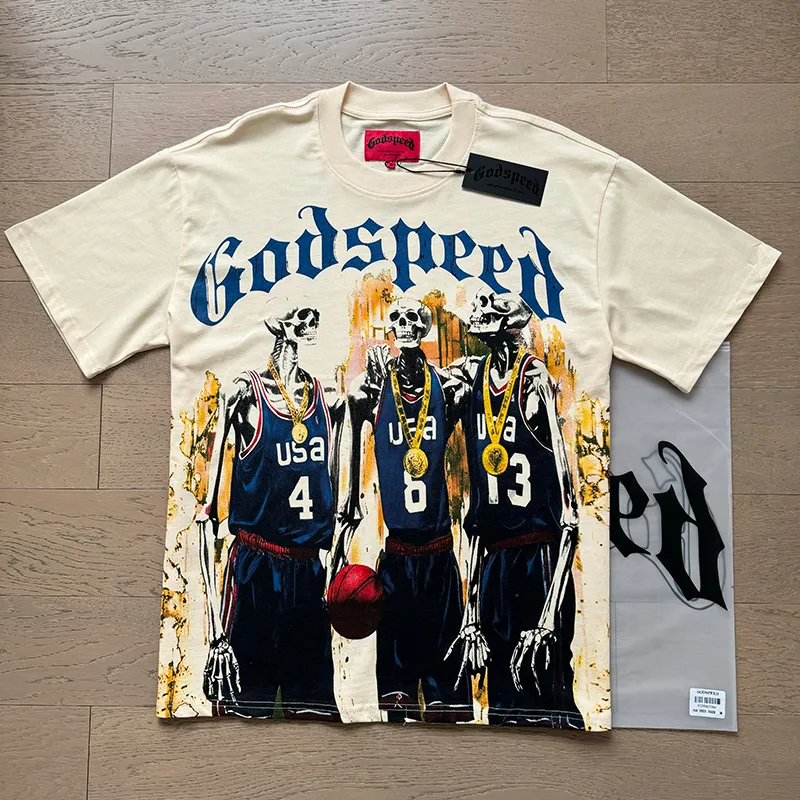 3023# P110 Real shot Godspeed American fashion rock street retro loose printed cotton short sleeves Fabric: 240g 32 count fine cotton double yarn pure cotton Color: apricot Size: S M L XL
