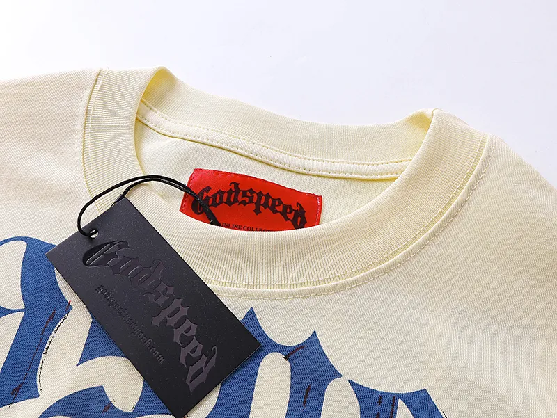3023# P110 Real shot Godspeed American fashion rock street retro loose printed cotton short sleeves Fabric: 240g 32 count fine cotton double yarn pure cotton Color: apricot Size: S M L XL