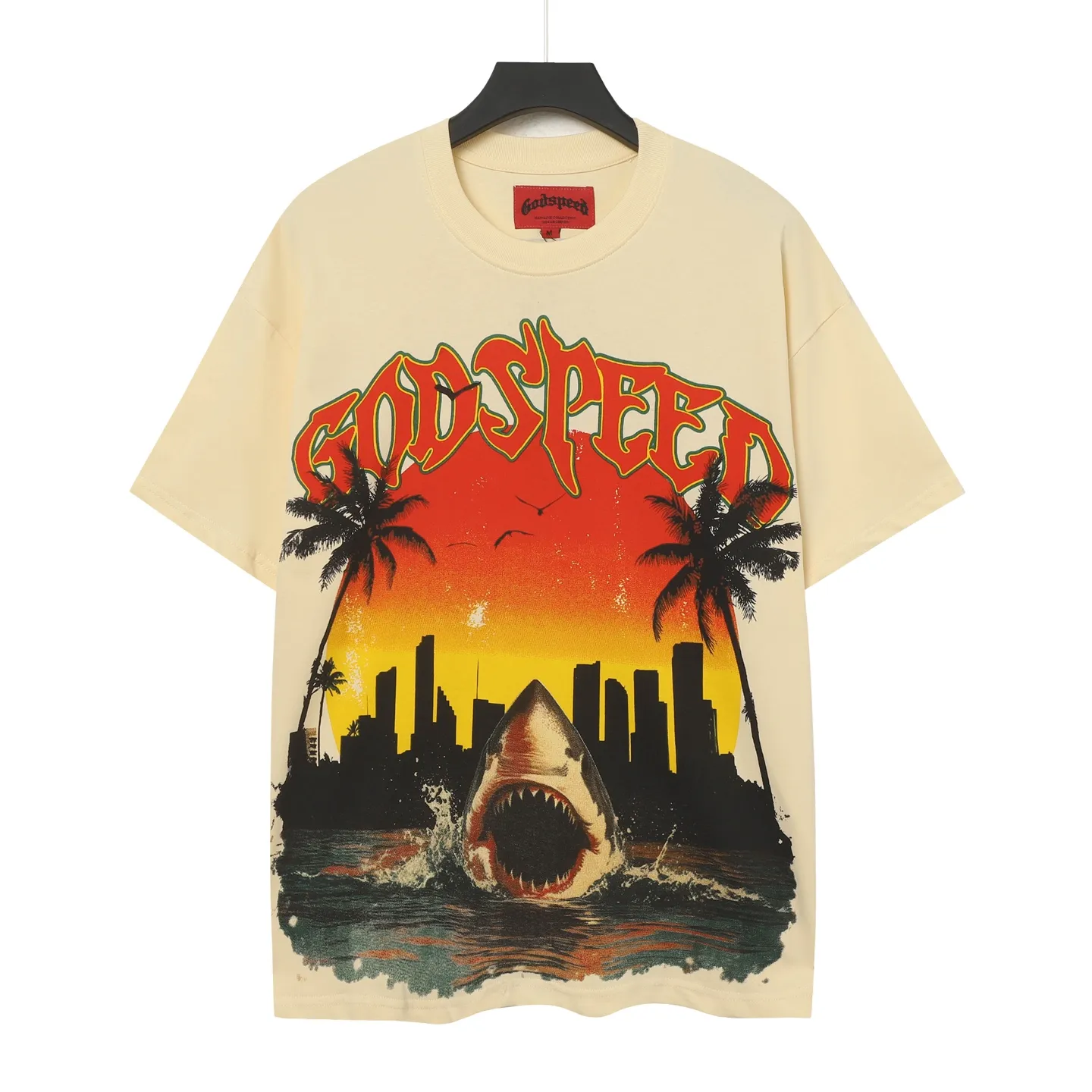 5045#apricot|P104 Godspeed cross-border American rock and roll street washed retro style short-sleeved T (craft printing) fabric (fabric) 32 counts combed double yarn 240 grams weight code number (size): S-M-L-XL color (colour): apricot