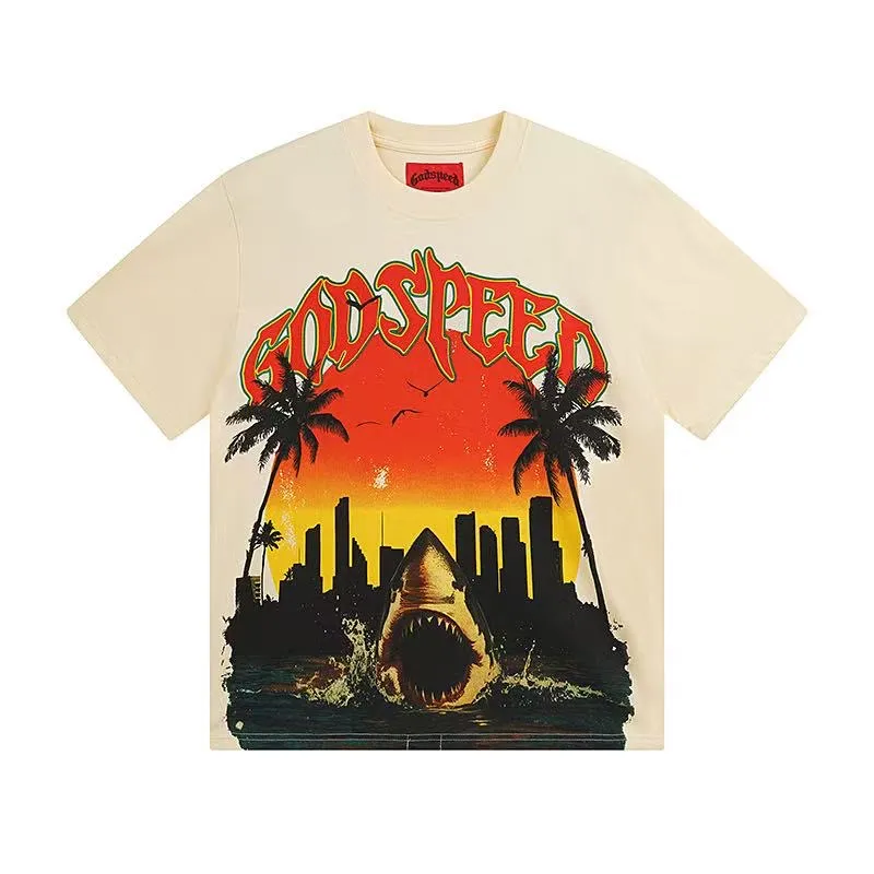 5045#apricot|P104 Godspeed cross-border American rock and roll street washed retro style short-sleeved T (craft printing) fabric (fabric) 32 counts combed double yarn 240 grams weight code number (size): S-M-L-XL color (colour): apricot