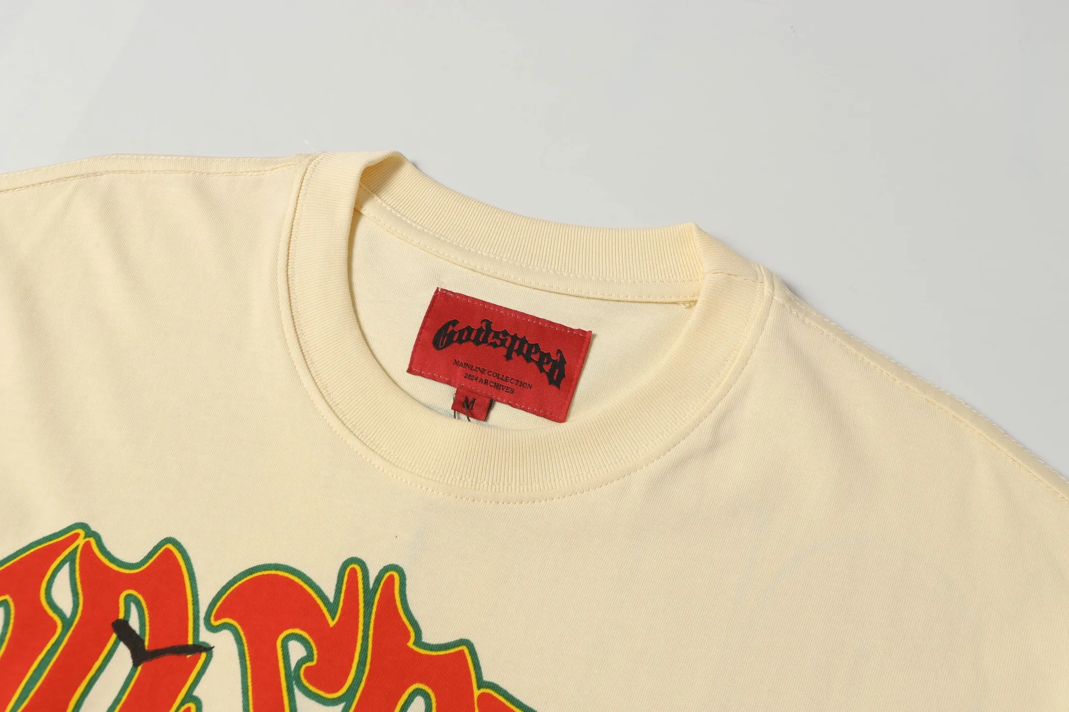 5045#apricot|P104 Godspeed cross-border American rock and roll street washed retro style short-sleeved T (craft printing) fabric (fabric) 32 counts combed double yarn 240 grams weight code number (size): S-M-L-XL color (colour): apricot