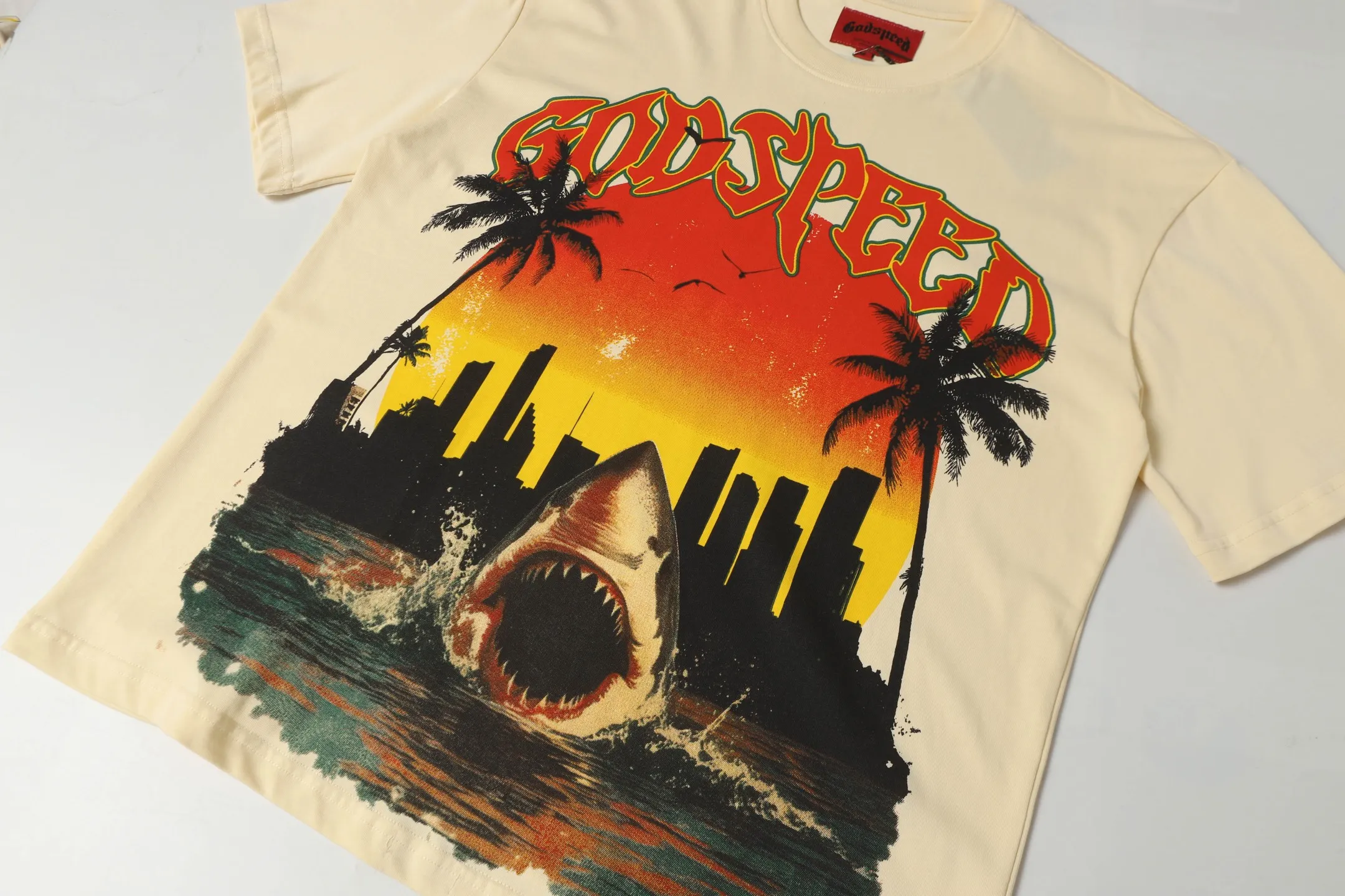 5045#apricot|P104 Godspeed cross-border American rock and roll street washed retro style short-sleeved T (craft printing) fabric (fabric) 32 counts combed double yarn 240 grams weight code number (size): S-M-L-XL color (colour): apricot