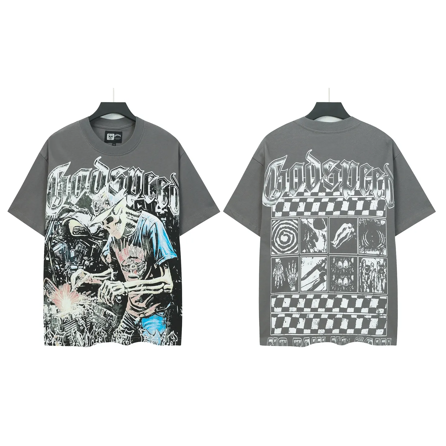 5118# smoke gray | P106 Godspeed cross-border American rock and roll street washed retro style short-sleeved T (craft printing) fabric (fabric): 32-count combed double yarn 240 grams weight code number (size): S-M-L-XL color (colour): smoke gray