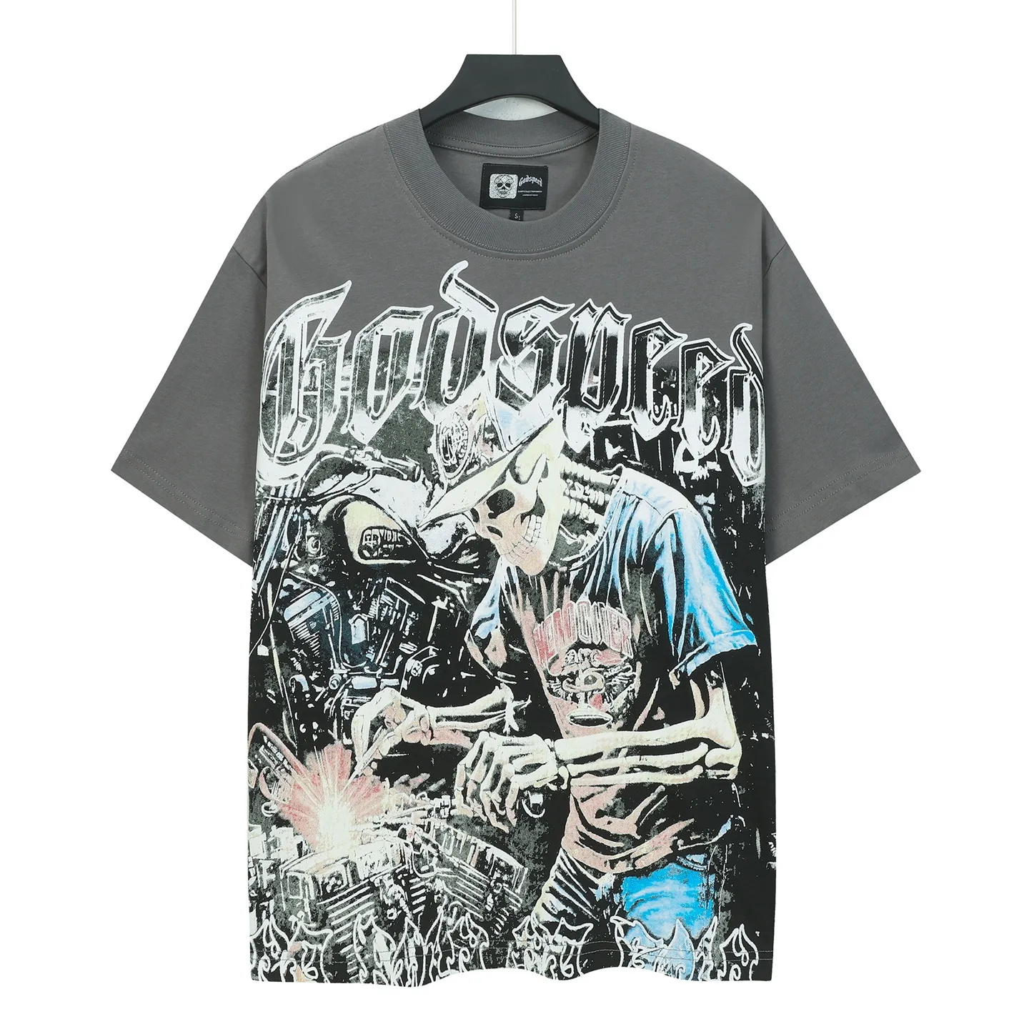 5118# smoke gray | P106 Godspeed cross-border American rock and roll street washed retro style short-sleeved T (craft printing) fabric (fabric): 32-count combed double yarn 240 grams weight code number (size): S-M-L-XL color (colour): smoke gray