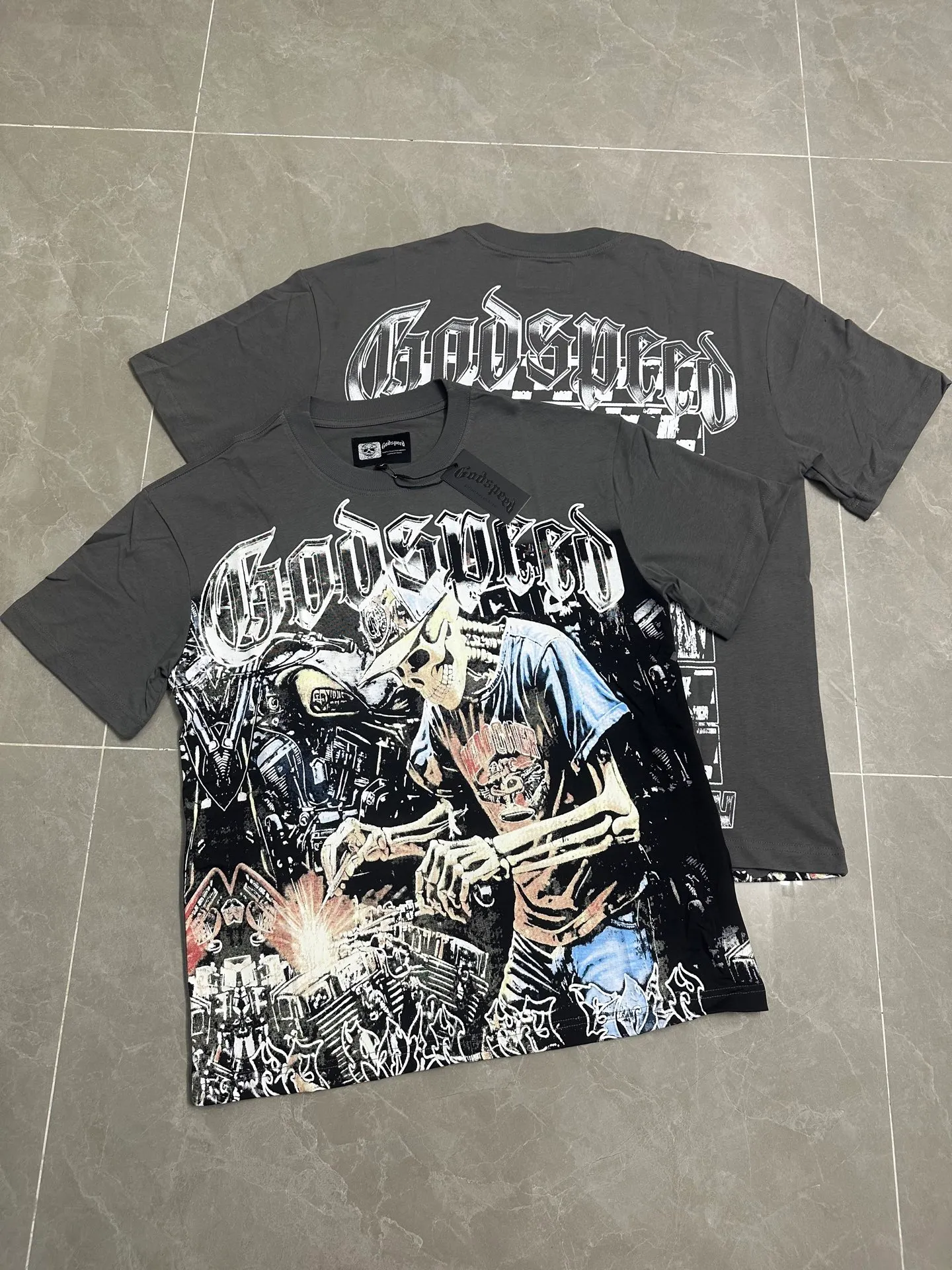 5118# smoke gray | P106 Godspeed cross-border American rock and roll street washed retro style short-sleeved T (craft printing) fabric (fabric): 32-count combed double yarn 240 grams weight code number (size): S-M-L-XL color (colour): smoke gray