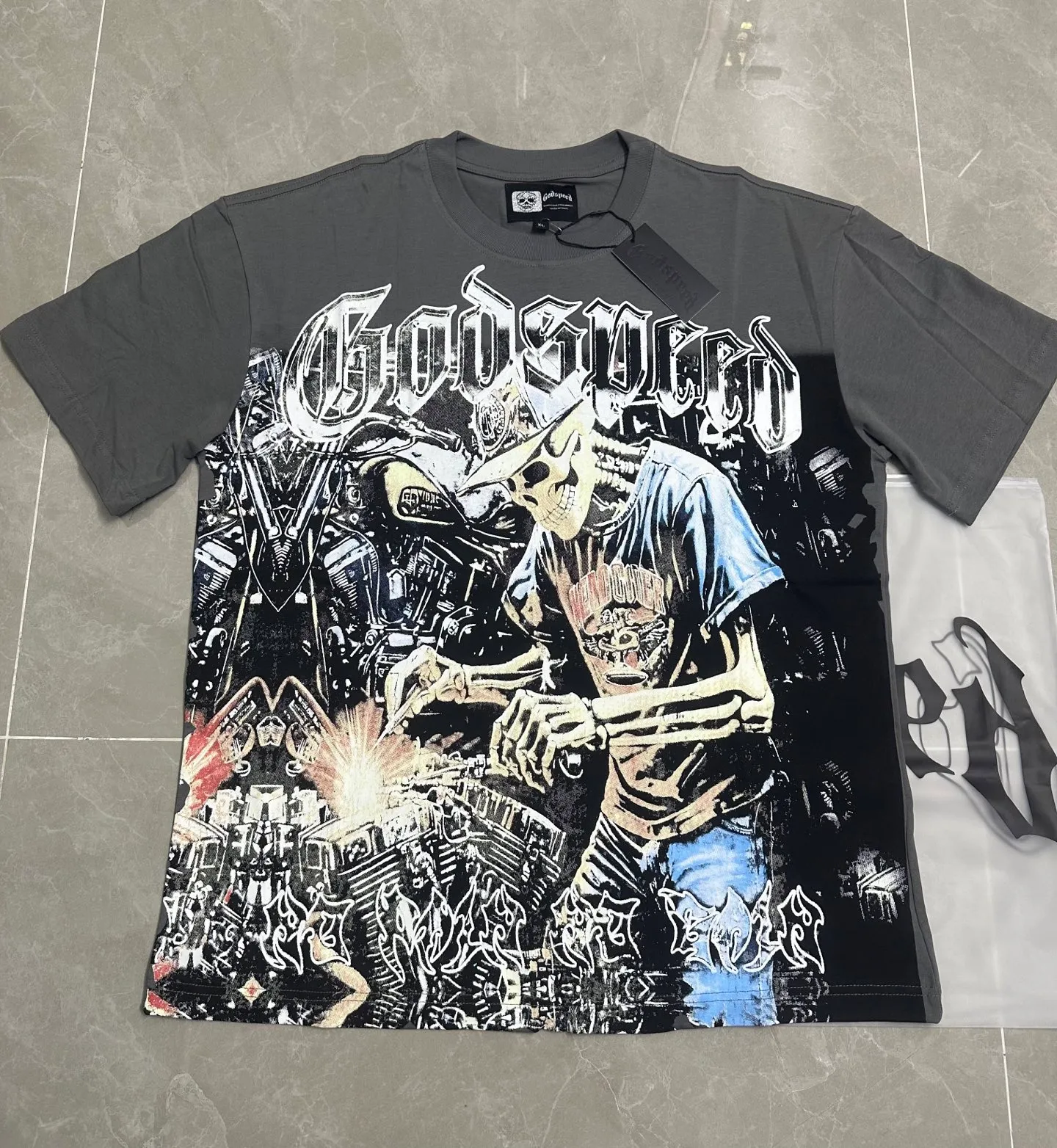 5118# smoke gray | P106 Godspeed cross-border American rock and roll street washed retro style short-sleeved T (craft printing) fabric (fabric): 32-count combed double yarn 240 grams weight code number (size): S-M-L-XL color (colour): smoke gray