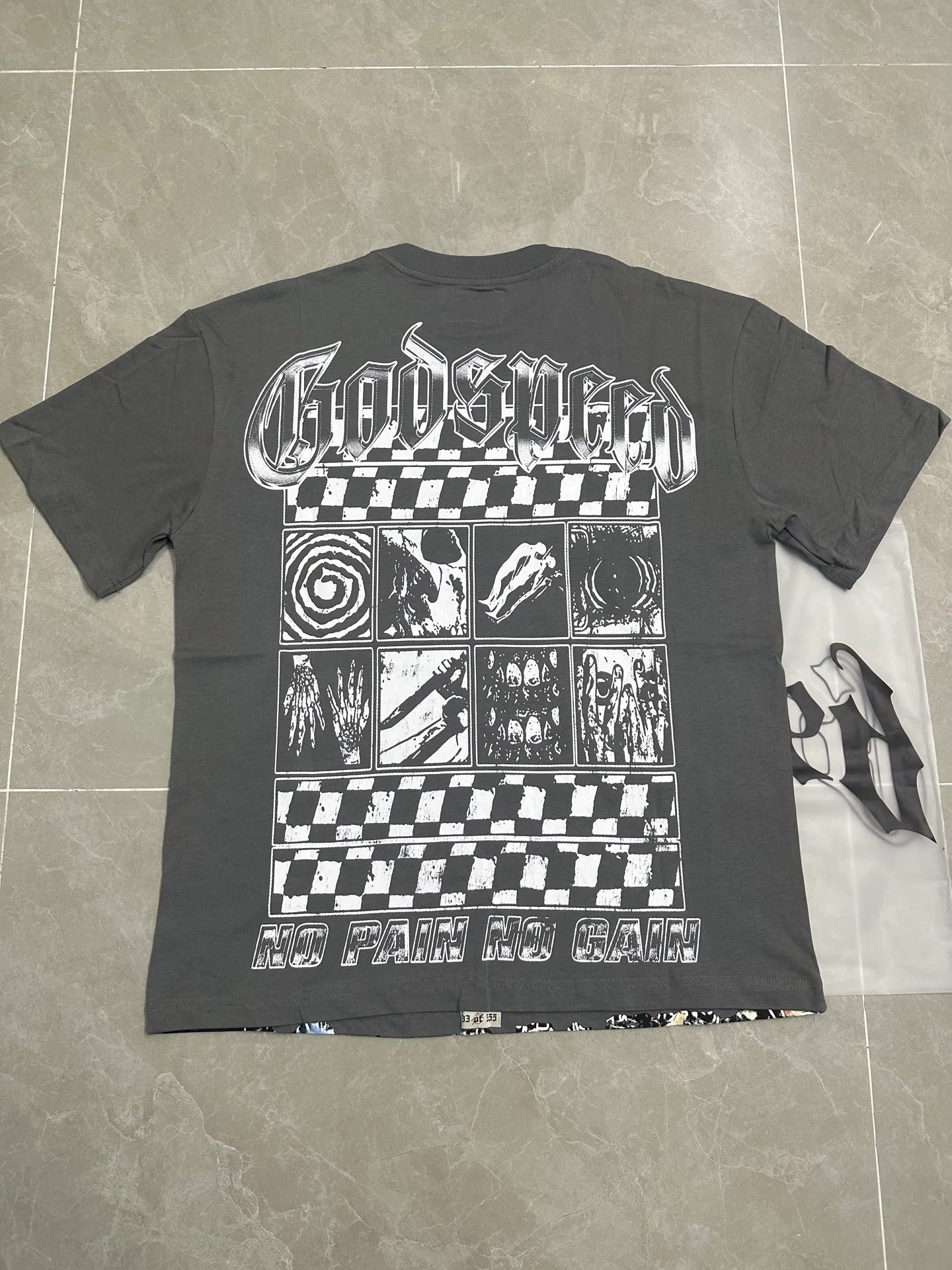 5118# smoke gray | P106 Godspeed cross-border American rock and roll street washed retro style short-sleeved T (craft printing) fabric (fabric): 32-count combed double yarn 240 grams weight code number (size): S-M-L-XL color (colour): smoke gray