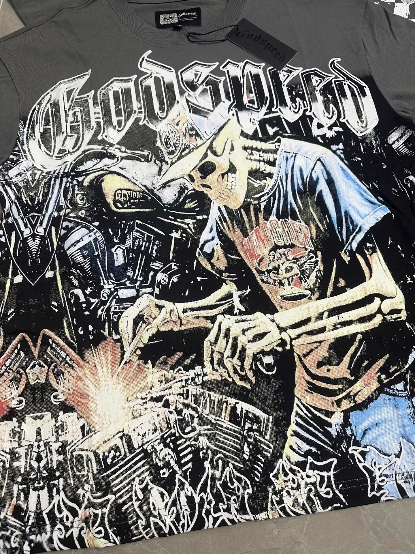 5118# smoke gray | P106 Godspeed cross-border American rock and roll street washed retro style short-sleeved T (craft printing) fabric (fabric): 32-count combed double yarn 240 grams weight code number (size): S-M-L-XL color (colour): smoke gray